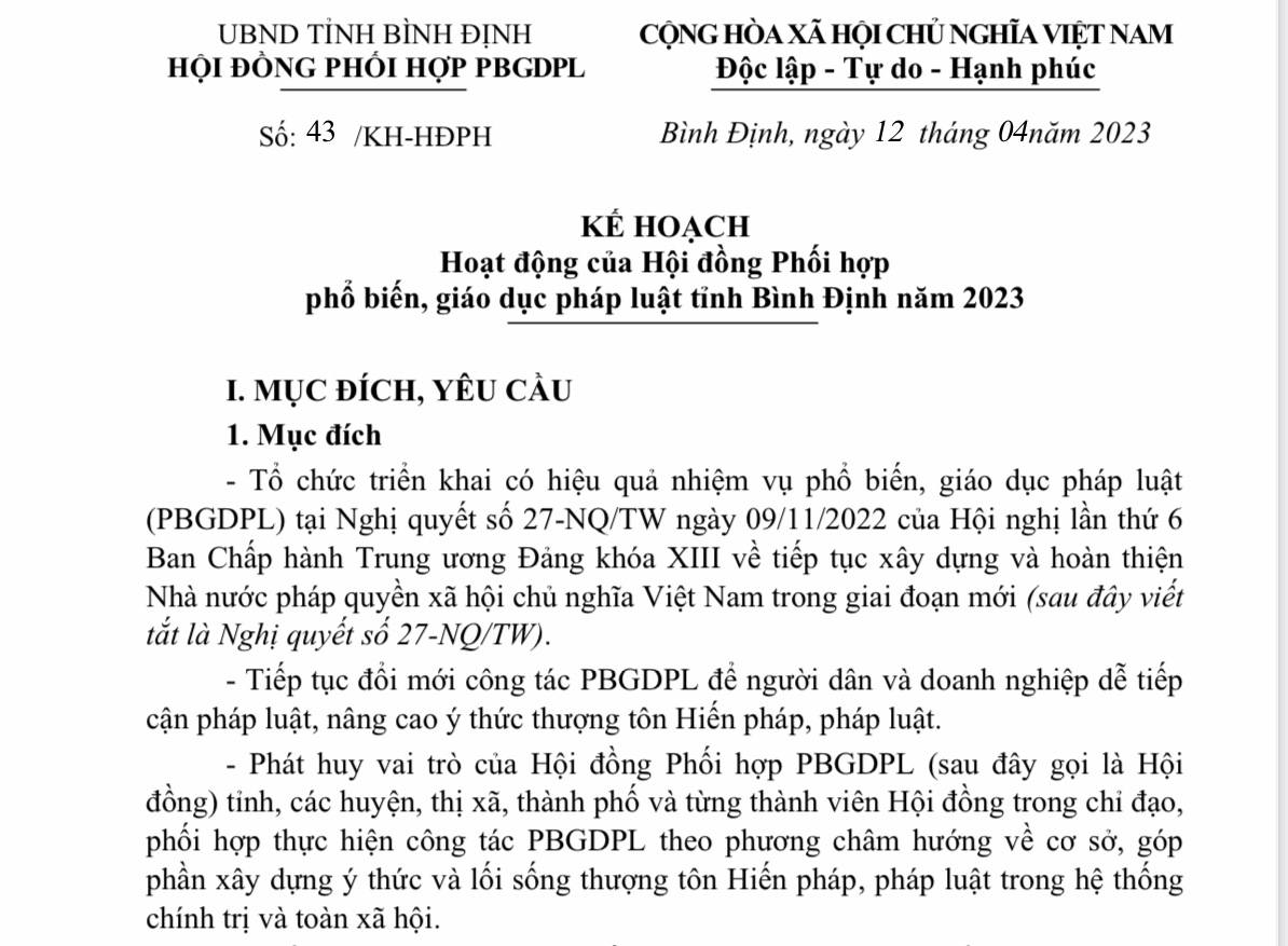 Hội đồng Phối hợp phổ biến, giáo dục pháp luật tỉnh ban hành Kế hoạch hoạt động năm 2023