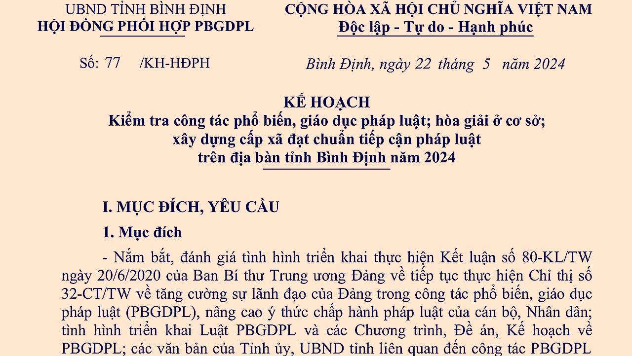 Triển khai Kế hoạch kiểm tra công tác phổ biến, giáo dục pháp luật năm 2024