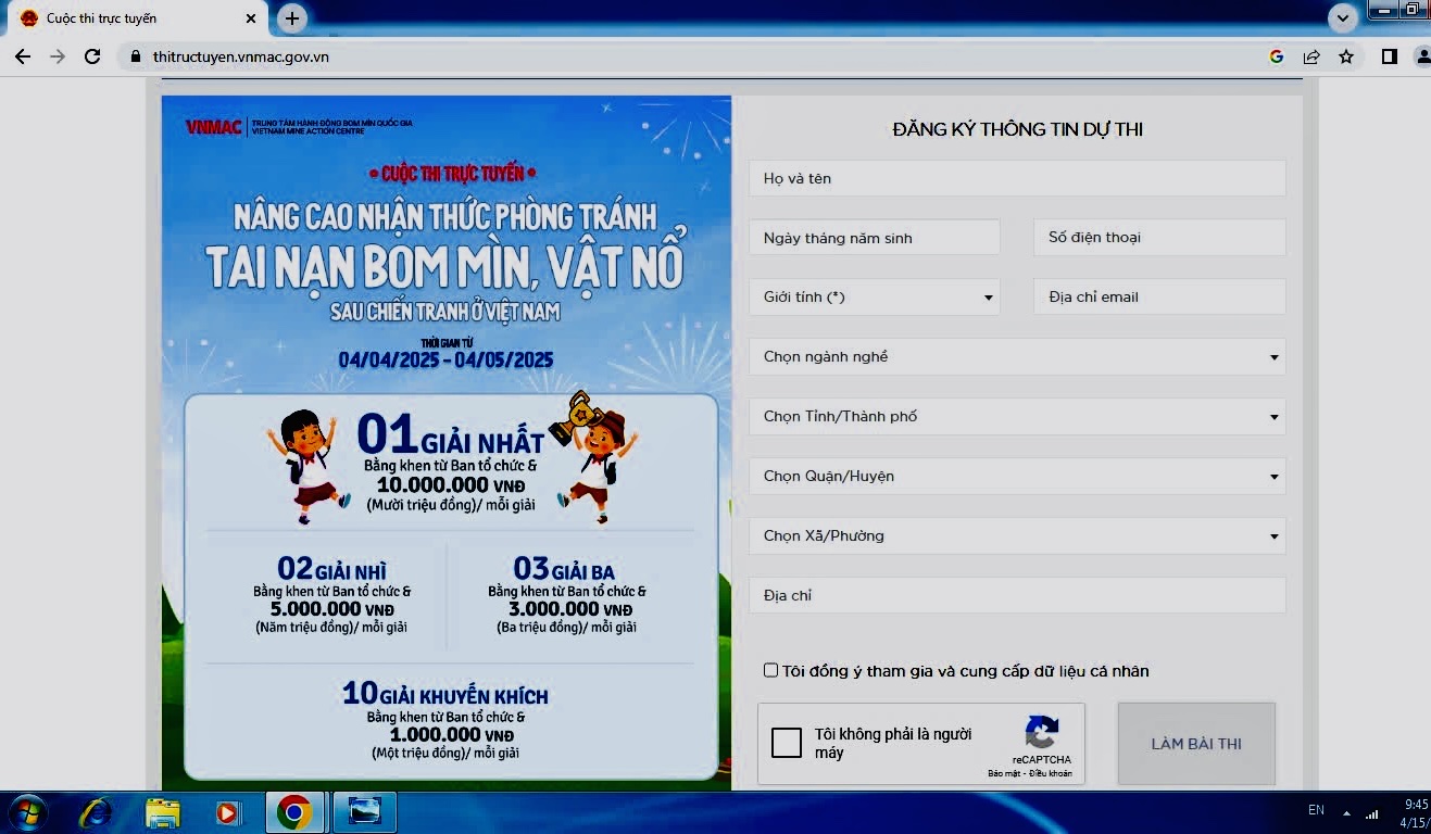 Hình ảnh giao diện Cuộc thi trên Trang thông tin điện tử Trung tâm Hành động bom mìn quốc gia Việt Nam