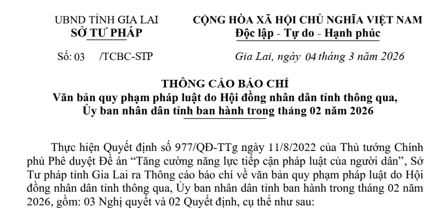 TCBC: Văn bản QPPL tỉnh Gia Lai ban hành trong tháng 02 năm 2026