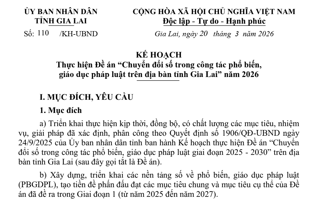 Ủy ban nhân dân tỉnh ban hành Kế hoạch thực hiện Đề án “Chuyển đổi số trong công tác phổ biến, giáo dục pháp luật trên địa bàn tỉnh Gia Lai” năm 2026